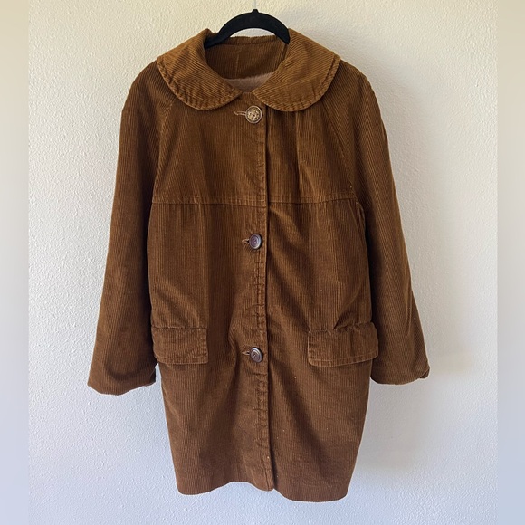 Vintage Camel Brown Corduroy Coat Peter Pan Collar Bracelet Sleeves - Picture 2 of 15